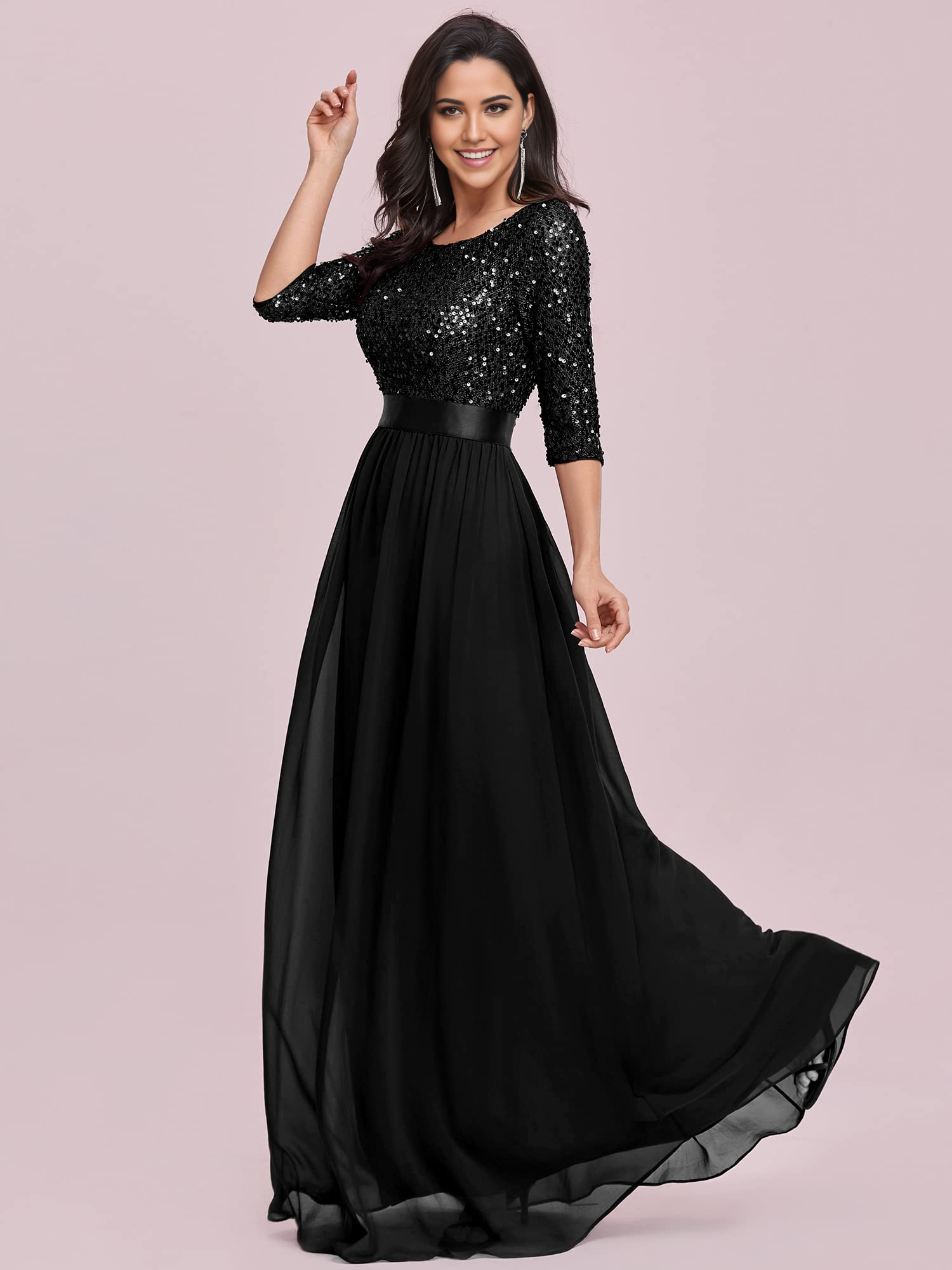 Vestido de noche elegante de corte A con cuello redondo y media manga con lentejuelas, vestido formal para fiesta de graduación